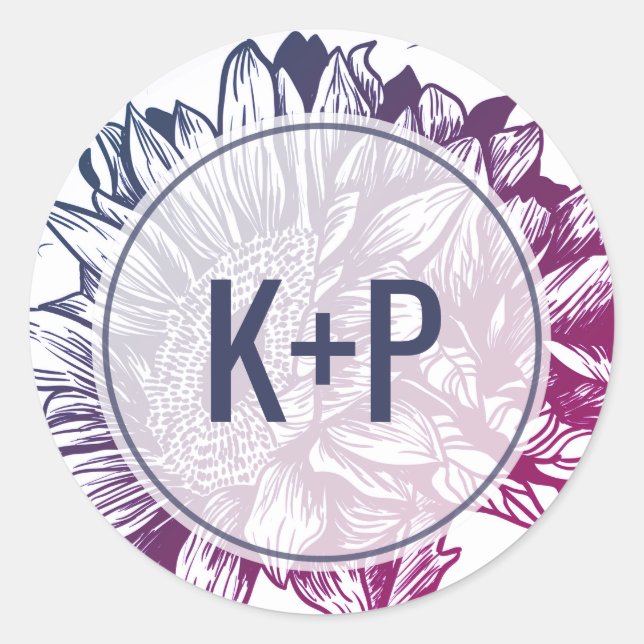 Blaue und Lila Sonnenblumen Hochzeiten Umschlag Au Runder Aufkleber (Vorderseite)