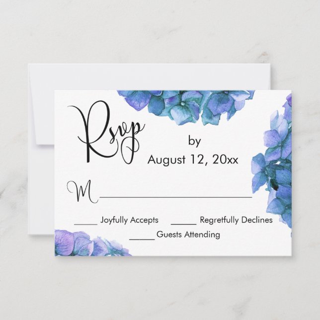 Blaue und Lila Wasserfarben-Hydrangeas mit Kalligr RSVP Karte (Vorderseite)