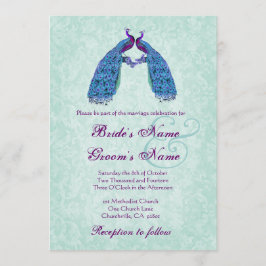 Blaue und lila Wedding Lovebird-Pfaus Einladung