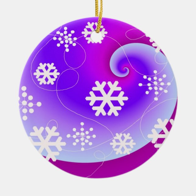 Blaue und Lila Wirbel und Schneeflocken Keramik Ornament (Vorne)