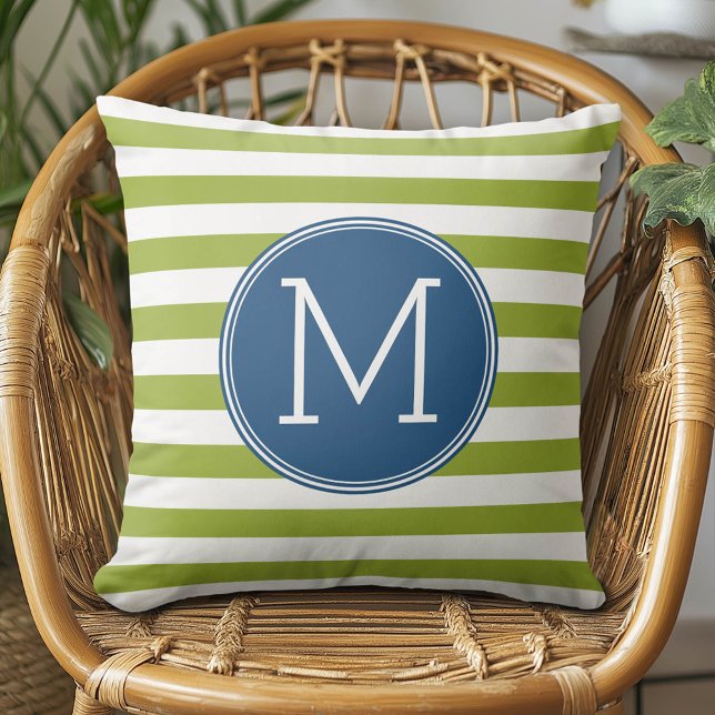 Blaue und Limon gestrichelte Muster Grüne Monogram Kissen (Custom Monogram Pillow)