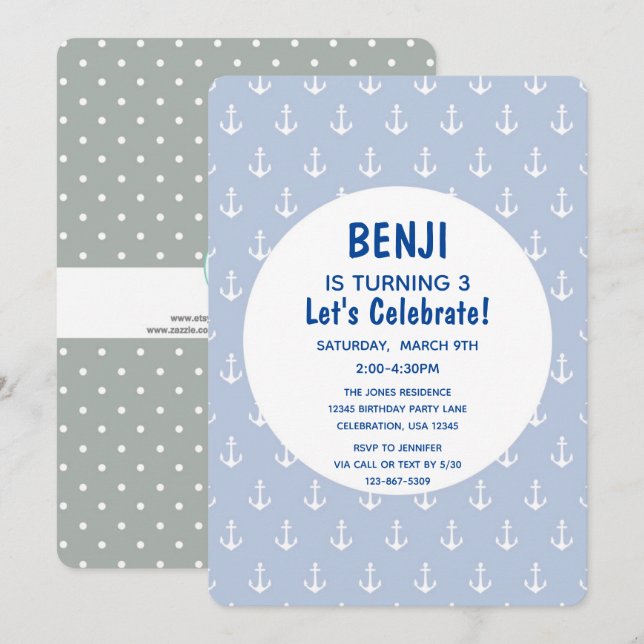 Blaue und Marine Anchor zum Geburtstag Einladung (Vorne/Hinten)