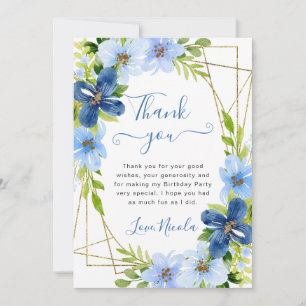 Blaue und marineblaue Blumen Goldrahmen Geburtstag Dankeskarte