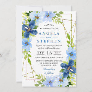 Blaue und marineblaue Blumen Goldrahmen Hochzeit Einladung