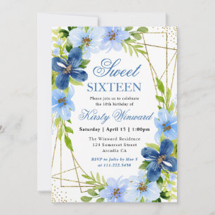Blaue und marineblaue Blumen Goldrahmen Sweet 16 Einladung