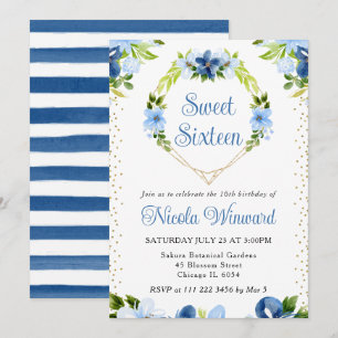 Blaue und marineblaue Blumen Herz Kranz Sweet 16 Einladung