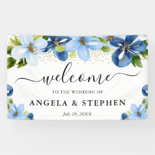 Blaue und Marineblaue Blumen Hochzeitsbegrüßung Banner