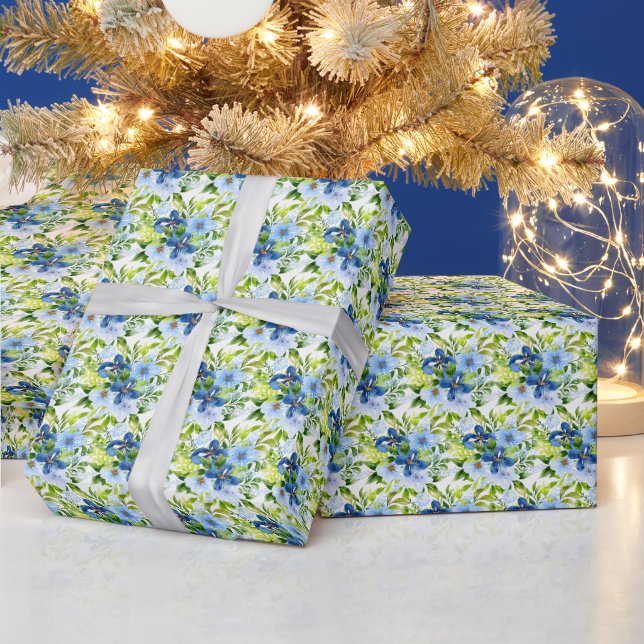 Blaue und marineblaue Blumen mit Laub  Geschenkpapier (Feiertage)
