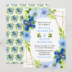 Blaue und marineblaue Blumen mit Laub Hochzeit Einladung