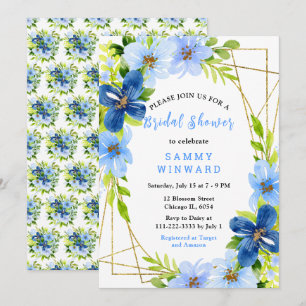 Blaue und marineblaue Blumen mit Laub Hochzeitsdus Einladung