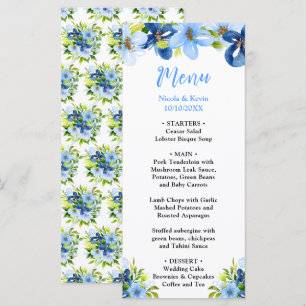 Blaue und marineblaue Blumen mit Laub Menükarte