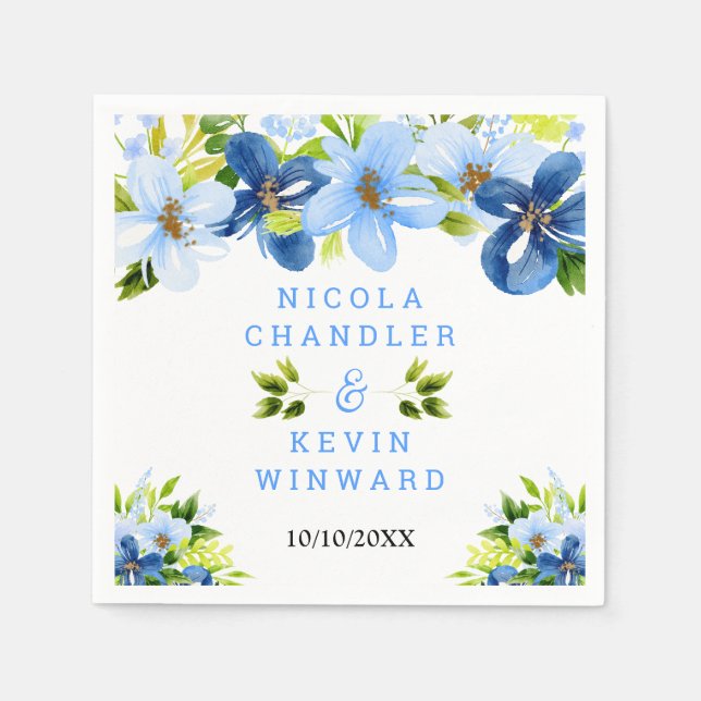 Blaue und marineblaue Blumen mit Laub  Serviette (Vorderseite)