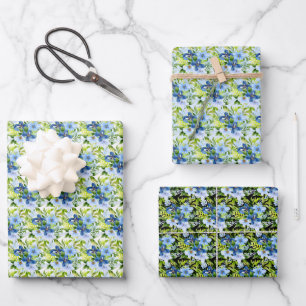 Blaue und marineblaue Blumen mit Laubwerk Geschenkpapier Set