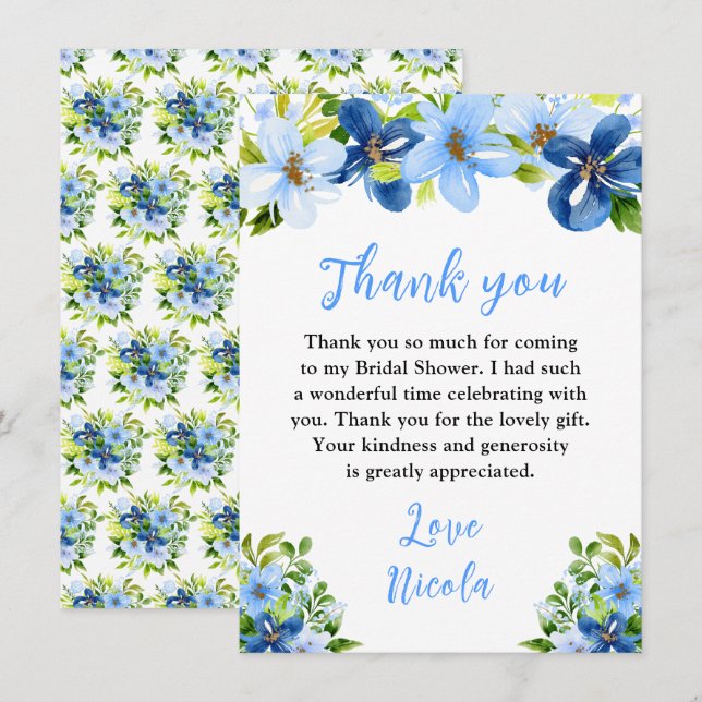 Blaue und marineblaue Blumen mit Laubwerk-Junggese Dankeskarte (Vorne/Hinten)