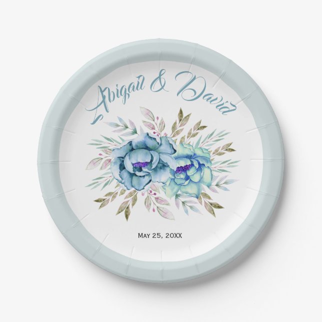 Blaue und minzgrün Aquarellfarben Hochzeit Pappteller (Vorderseite)