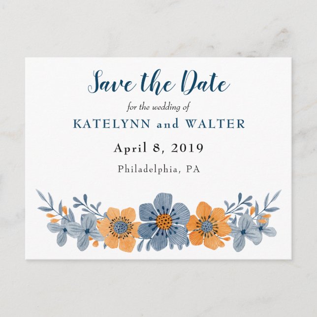 Blaue und orange Blume Save the Date Postkarten (Vorderseite)