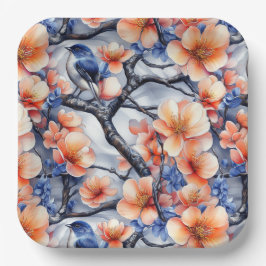 Blaue und orange Flora- und Fauna-Szene Pappteller