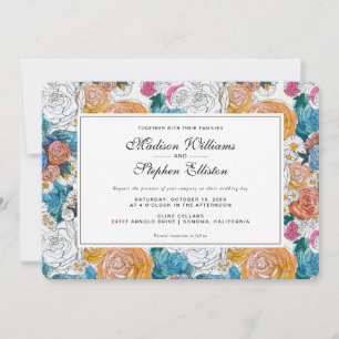 Blaue und orange handgemalte Blumen - Hochzeit Einladung