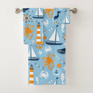 Blaue und orange Nautische Muster II Kinder Badhandtuch Set