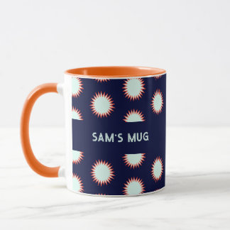 Blaue und orangefarbene Blitzgrafik mit Namen fett Tasse