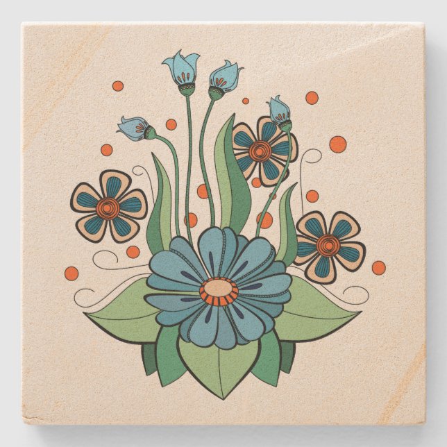 Blaue und Orangefarbene Blume Steinuntersetzer (Vorderseite)