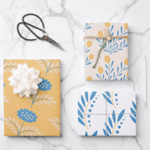 Blaue und orangefarbene Blumenumhüllungsblätter Geschenkpapier Set