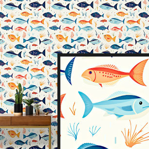Blaue und orangefarbene Fische schwimmen Tapete