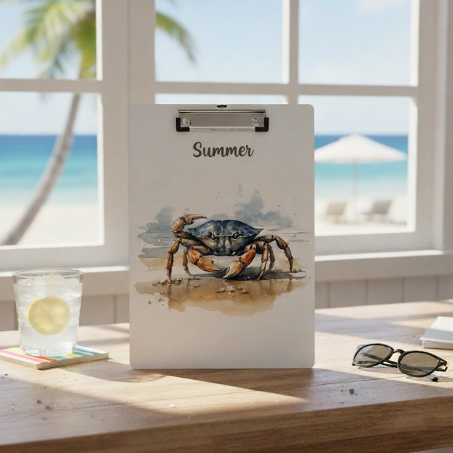 Blaue und orangefarbene Krabbe am Strand Klemmbrett (Von Creator hochgeladen)