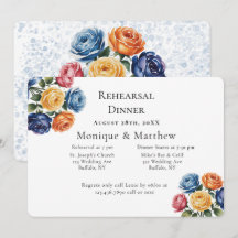 Blaue und Orangefarbene Rosen Hochzeitsprobe-Dinne