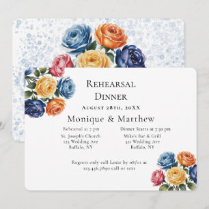 Blaue und Orangefarbene Rosen Hochzeitsprobe-Dinne Einladung