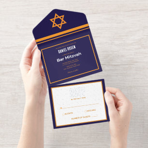 Blaue und orangefarbene Silberfolie Bar Mitzwa All-in-One-Einladung