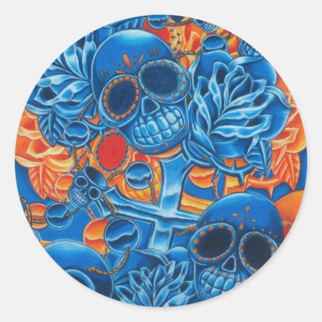 Blaue und orangefarbene Skulls Runder Aufkleber (Vorderseite)