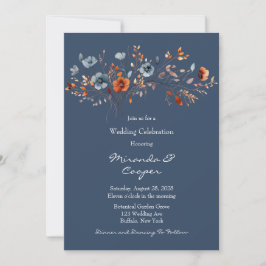 Blaue und orangefarbene Wildblumen Hochzeit Einladung