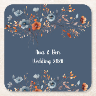 Blaue und orangefarbene Wildblumen Hochzeit Rechteckiger Pappuntersetzer