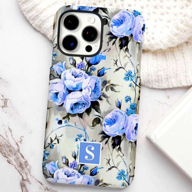 Blaue und Periwinkle-Monogramm-Blumen Case-Mate iPhone Hülle (Von Creator hochgeladen)