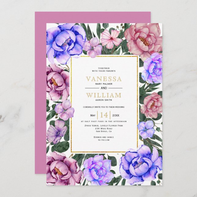 Blaue und rosa Aquarellfarben Blume Frühjahrshochz Einladung (Vorne/Hinten)
