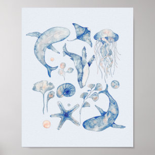 Blaue und rosa Aquarellfische Poster