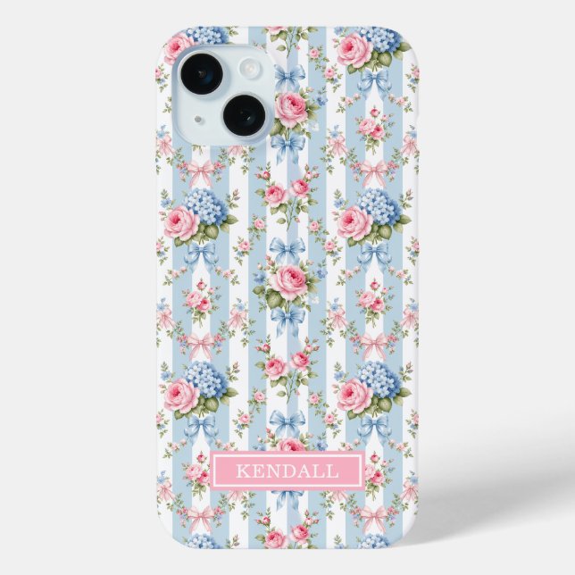 Blaue und rosa Blumen und Bows gestreift Case-Mate iPhone Hülle (Rückseite)