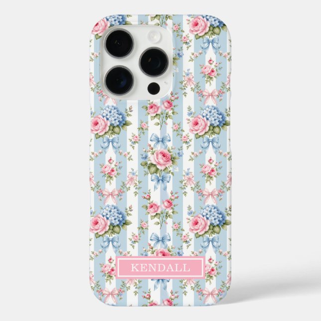 Blaue und rosa Blumen und Bows gestreift Case-Mate iPhone Hülle (Rückseite)