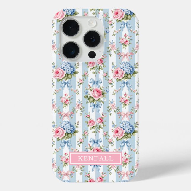 Blaue und rosa Blumen und Bows gestreift Case-Mate iPhone Hülle (Rückseite)