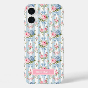 Blaue und rosa Blumen und Bows gestreift iPhone 16 Plus Hülle