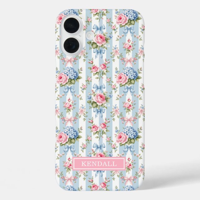 Blaue und rosa Blumen und Bows gestreift Case-Mate iPhone Hülle (Rückseite)