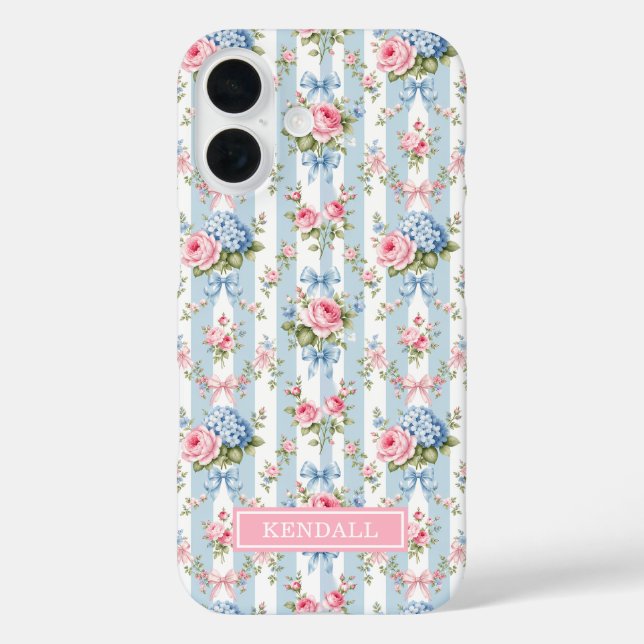 Blaue und rosa Blumen und Bows gestreift Case-Mate iPhone Hülle (Rückseite)