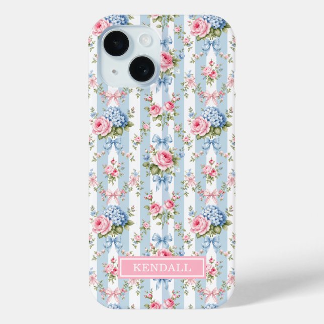 Blaue und rosa Blumen und Bows gestreift Case-Mate iPhone Hülle (Rückseite)