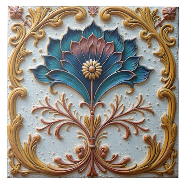 Blaue und rosa Blumenrosette Fliese (Vorderseite)