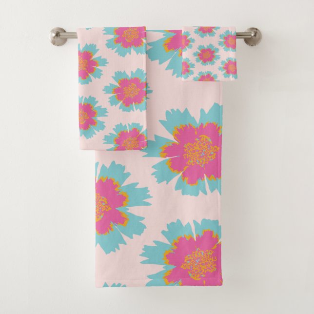 Blaue und rosa Blüten Badhandtuch Set (Insitu)