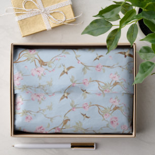 Blaue und rosa Chinoiserie-Botanik-Vögel und -Blum Seidenpapier