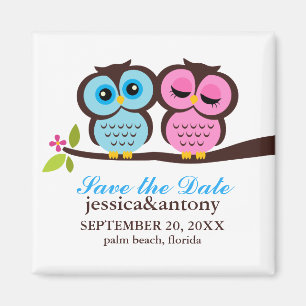 Blaue und rosa Eulenhochzeit Magnet
