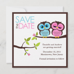 Blaue und rosa Eulenhochzeit Save The Date