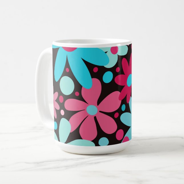 Blaue und rosa funkige Blume Kaffeetasse (Vorderseite Links)
